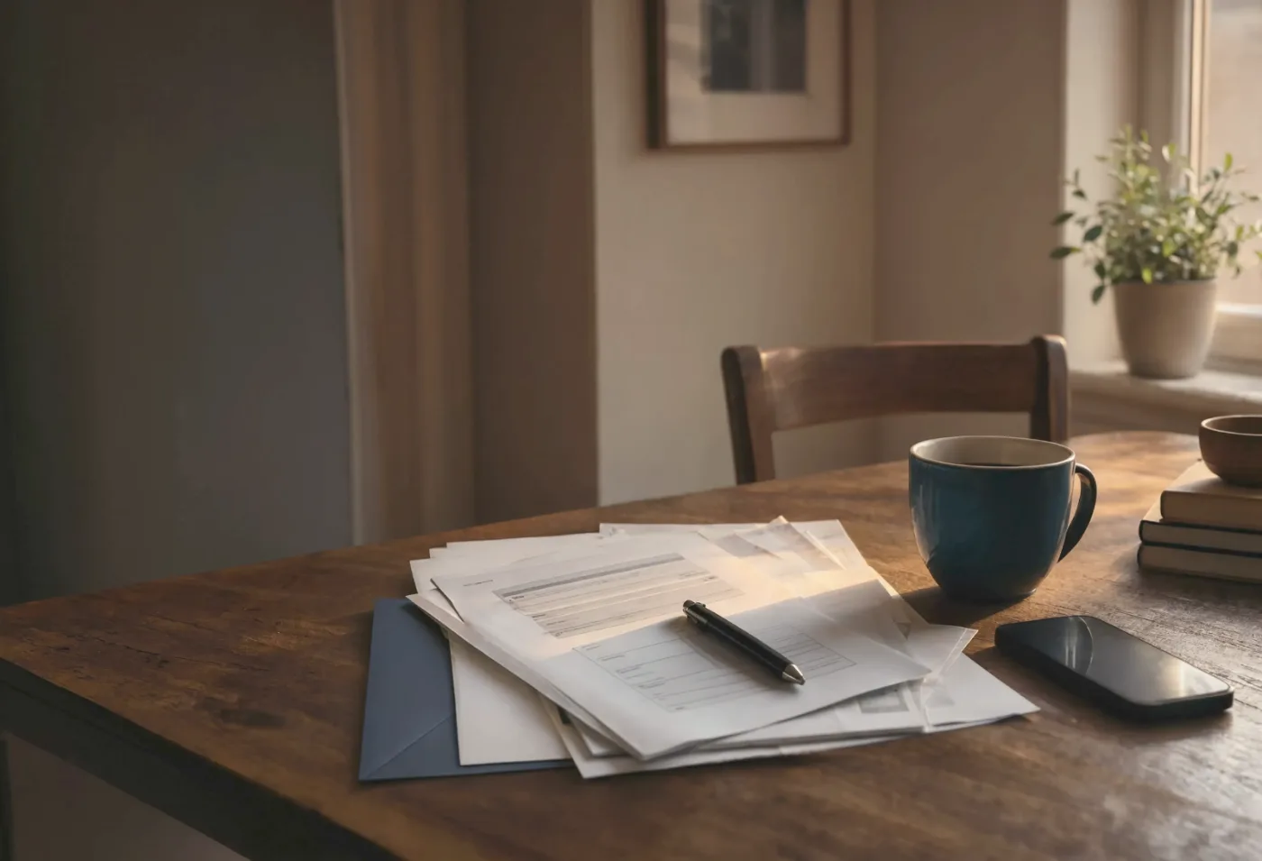 A stack of opened statements and envelopes on a wooden kitchen table in low evening light, a pen resting on top, a navy envelope beneath the pile, a half-drunk mug of coffee and a phone face down beside them