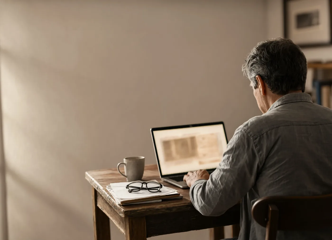 A grey-haired man in a grey linen shirt sits at a small wooden desk with his back to the camera, one hand on a laptop keyboard, a stoneware mug, reading glasses and a stack of papers beside him, soft daylight falling across the wall behind