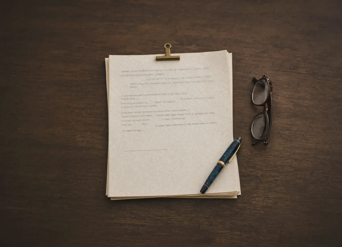 A clipped stack of cream document pages on a dark walnut desk, photographed from above, with a navy fountain pen resting on the corner and a folded pair of tortoiseshell reading glasses beside it